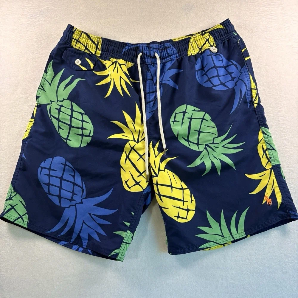 Polo Ralph Lauren Swim Trunks Mens Large Navy Blue Pineapple Print Mesh Lined